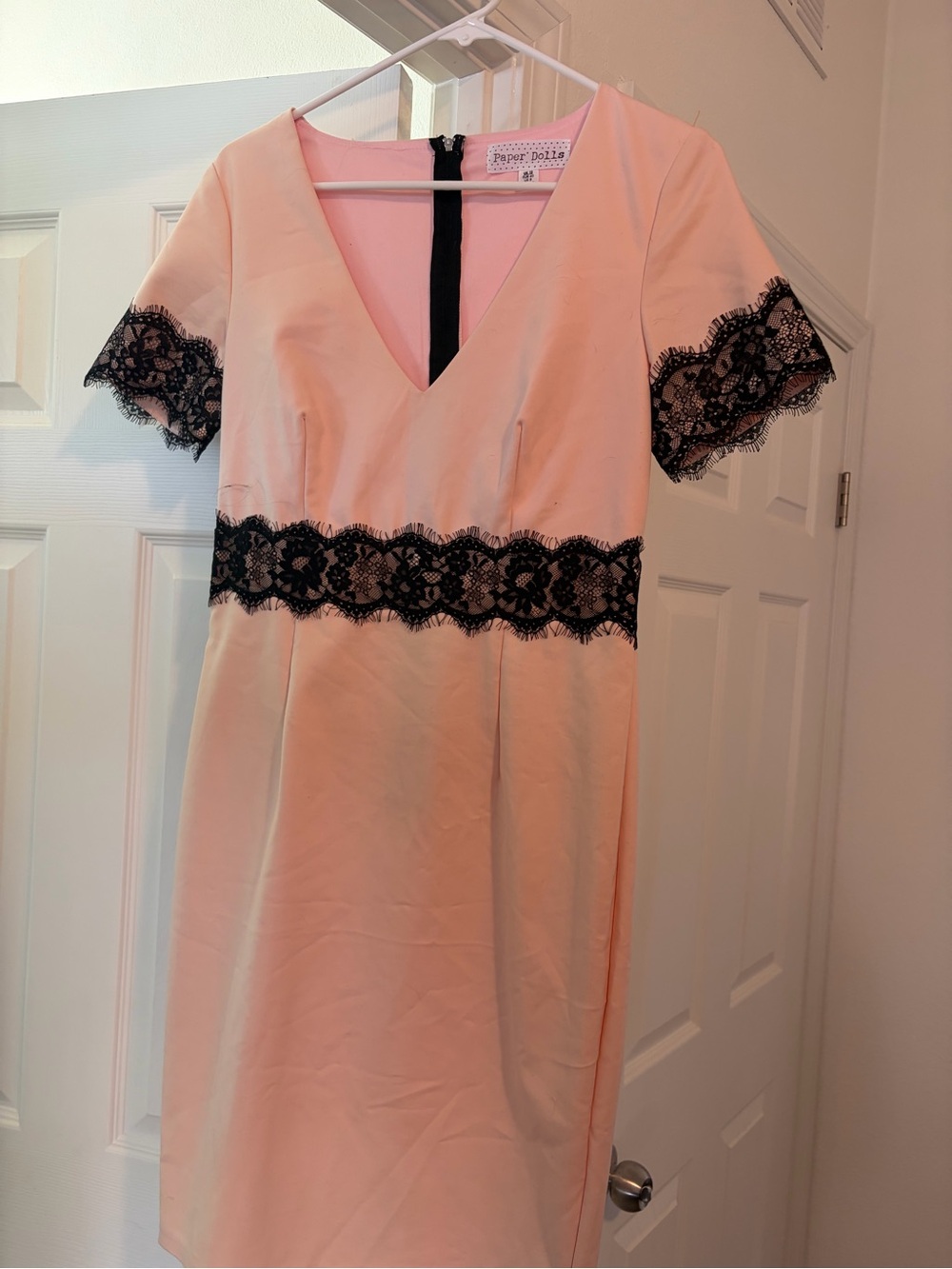 paper doll Blush Pink Dress with Black Lace Trim